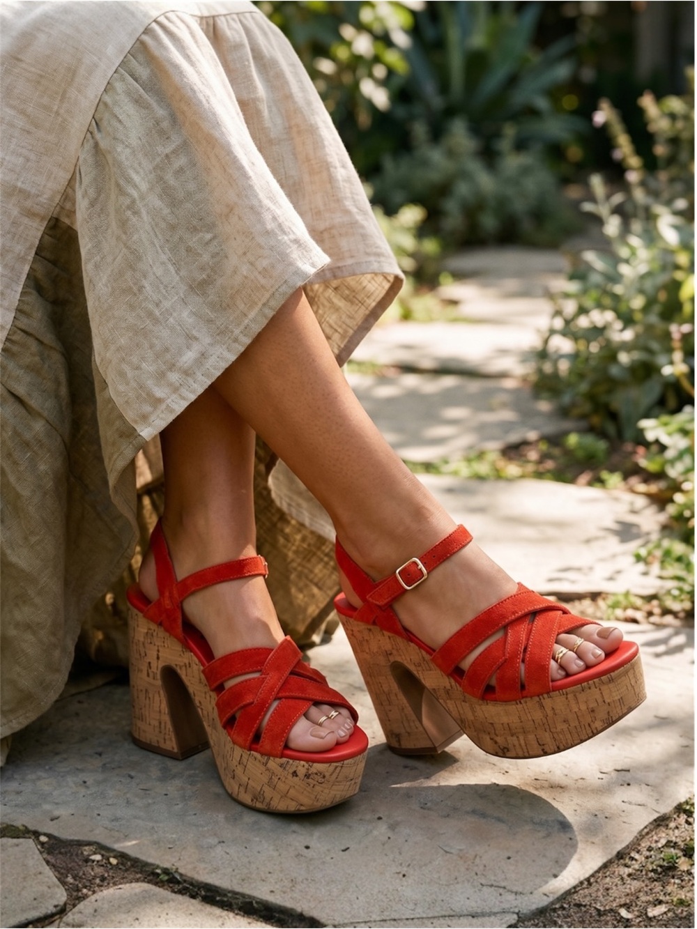 Free People Lisbon MJ Platform Heels Sunstar Burnt Orange Suede Cork Size 37 NIB